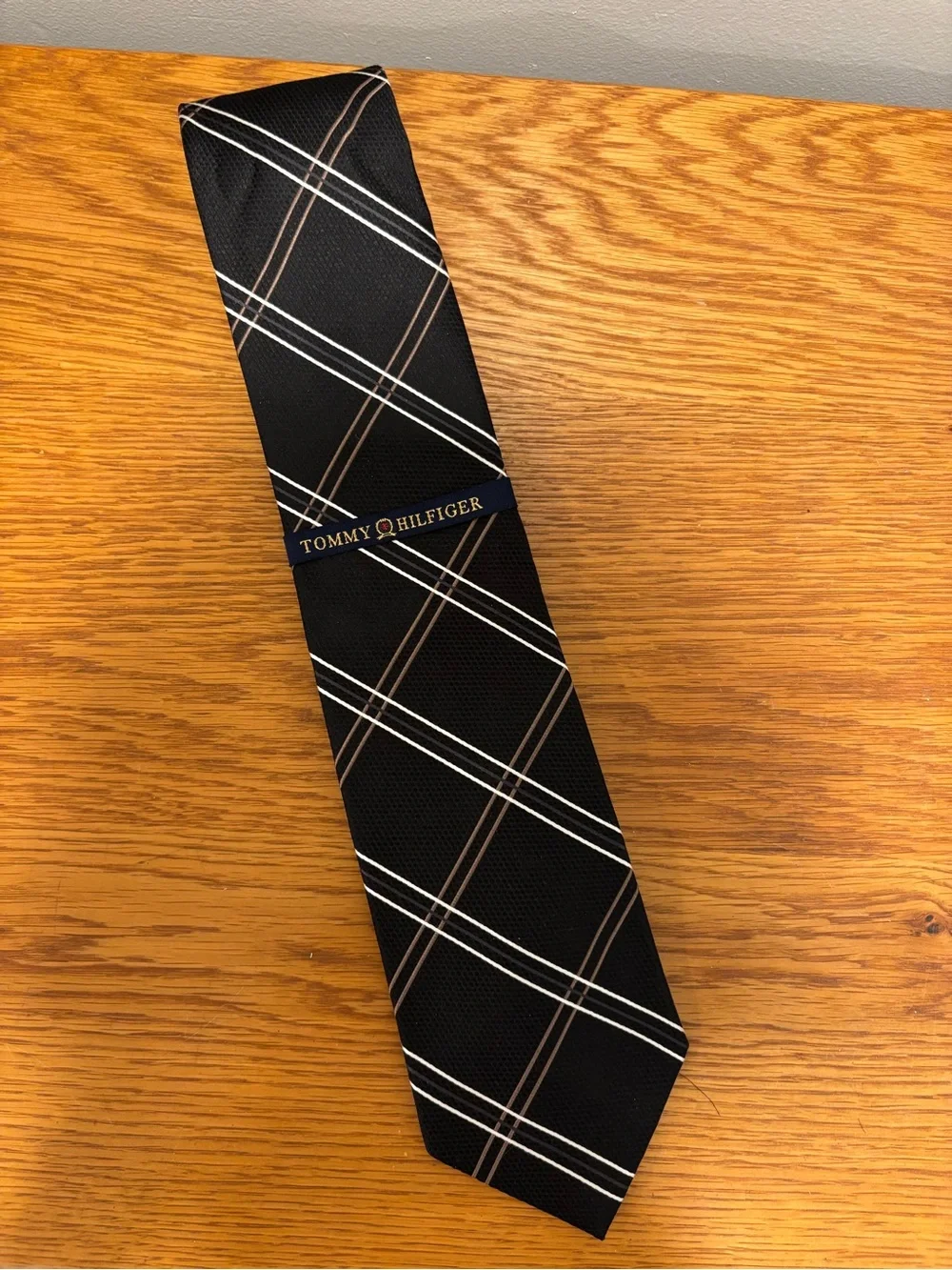 Tommy Hilfiger Black Tie with White and Brown Plaid
